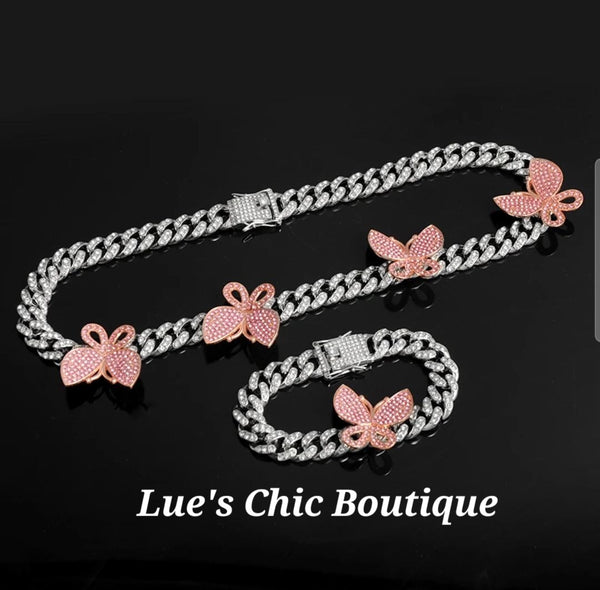 Pink Butterfly Bling Necklace and Bracelet Set