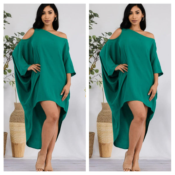 Green Loose Fit Shoulder Up Dress