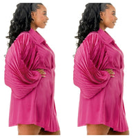 Fuchsia Front Pleated Puff Sleeves Dress