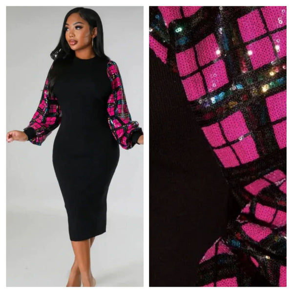 Pink & Black Color Block Sequin Sleeves Dress