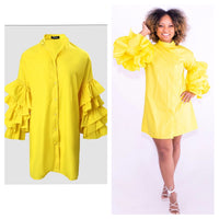 Yellow Ruffle Long Sleeve Shirt Dress