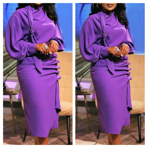 Purple Scarf Neck Long Sleeve Dress
