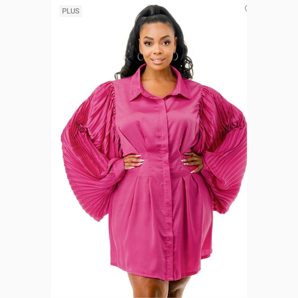 Fuchsia Front Pleated Puff Sleeves Dress