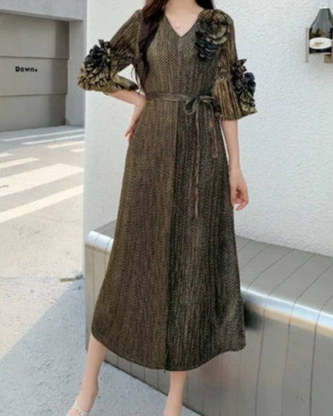 Gold Black Flower Sleeve Dress