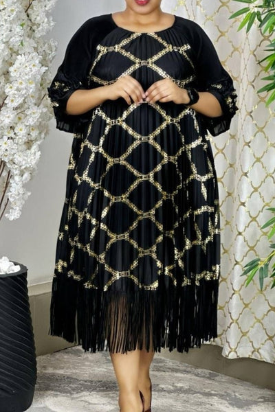 Black Gold Tassel Pleated Dress