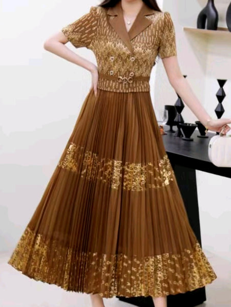 Gold Brown Pleated Dress