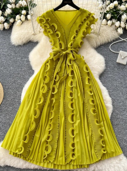 Lime Green Ruffle Pleated Dress