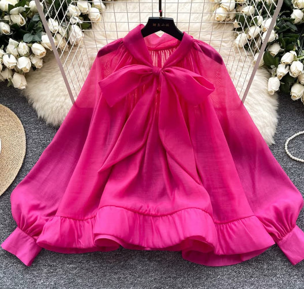Pink Sheer Loose Bow Tie Blouse