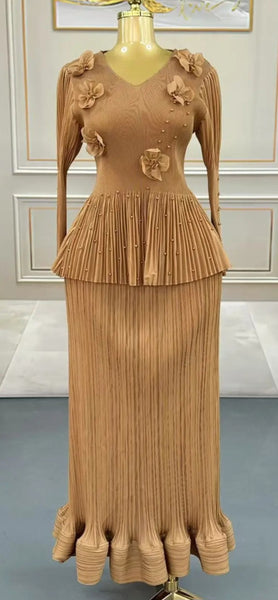 Brown Flower Beaded Skirt Set