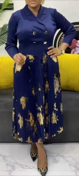 Blue Gold Pleated Dress