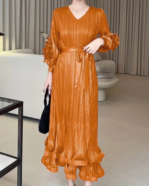 Rust Orange Gold Ruffle Dress