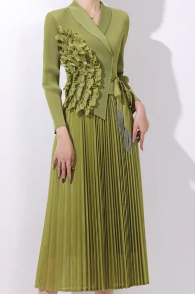 Green Side Ruffles Pleated Dress