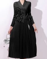 Black Side Ruffles Pleated Dress