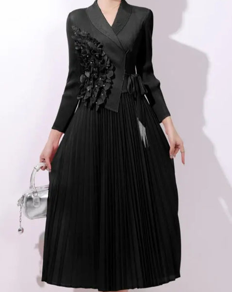 Black Side Ruffles Pleated Dress