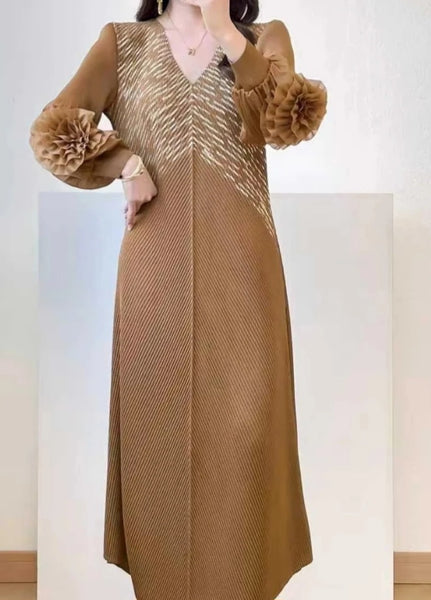 Brown Gold Flower Sleeve Dress