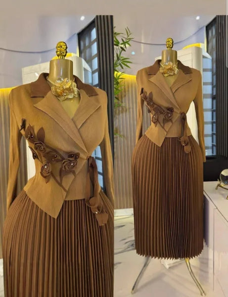 Brown Pleated Flower Dress