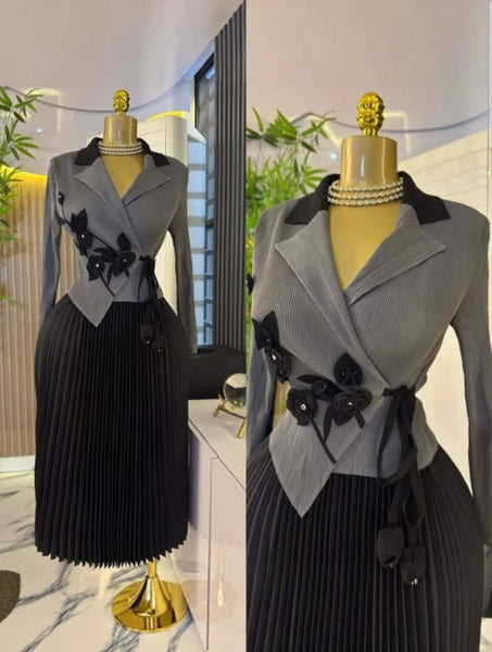 Gray Black Flower Pleated Dress