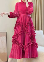 Fuchsia Pleated Pearl Ruffle Dress