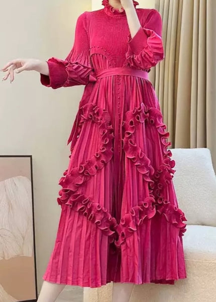 Fuchsia Pleated Pearl Ruffle Dress