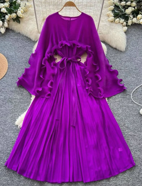 Purple Pleated Ruffle Dress