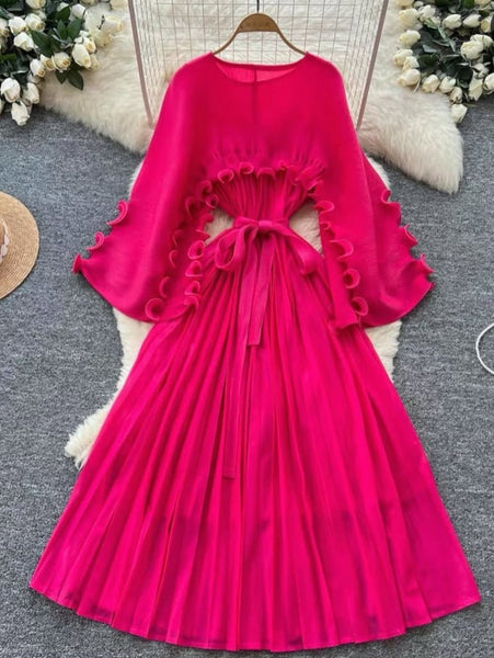 Fuchsia Pleated Ruffle Dress
